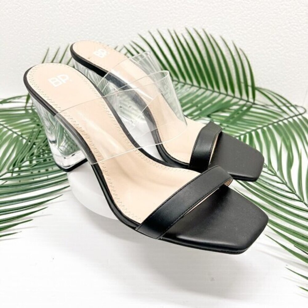 BP Naomi Clear Block Heel Slide Sandals Size 9M Black Faux Leather NWOB